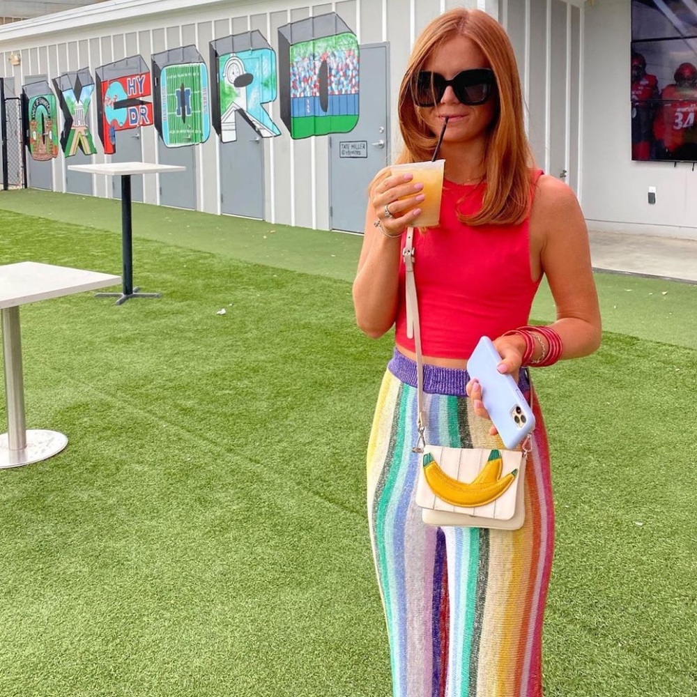 Lovers + Friends Red Crop Top with Rainbow Wide-Leg Pants